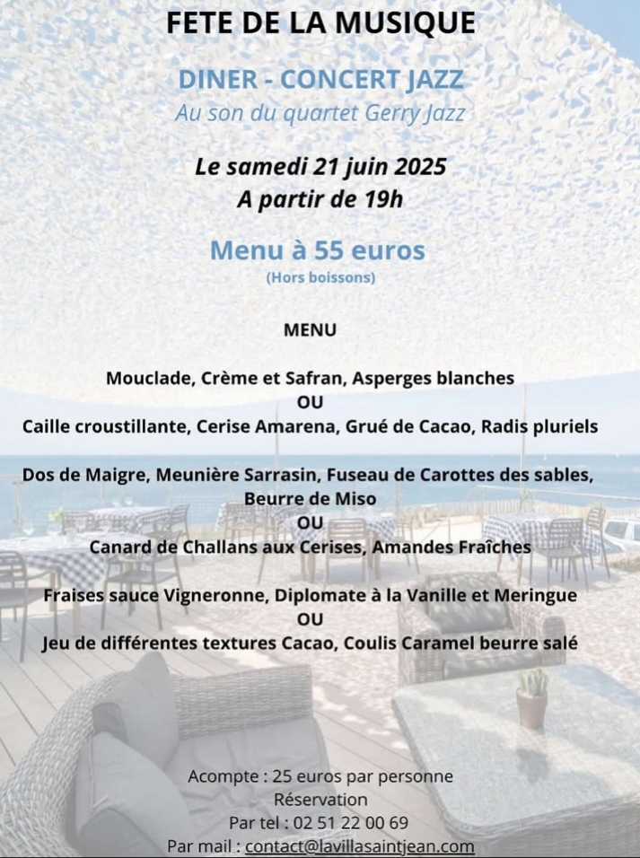 Menu Soirée Jazz à La Villa Saint Jean aux Sables d'Olonne