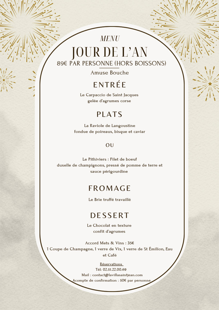menu du Jour de l'An 2026 à la Villa Saint Jean