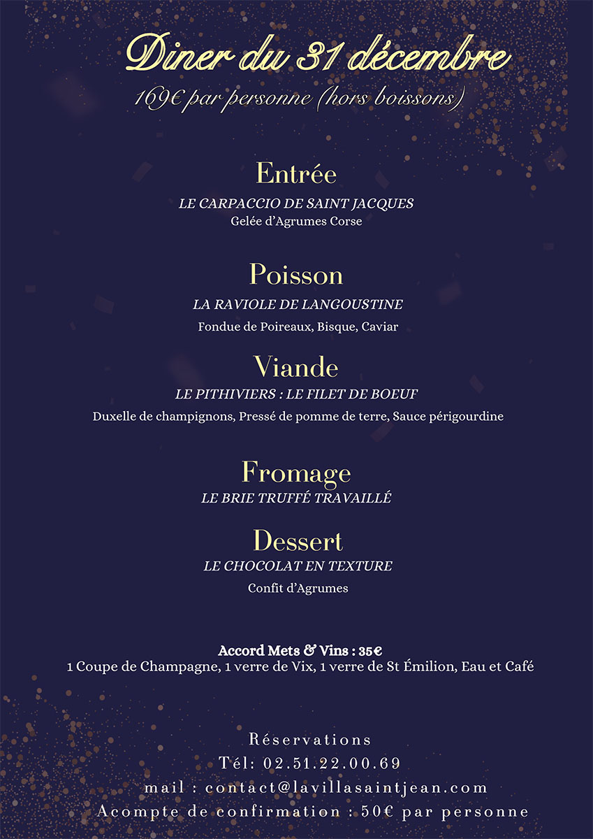 diner de la saint sylvestre 31 décembre 2025 à la Villa Saint Jean