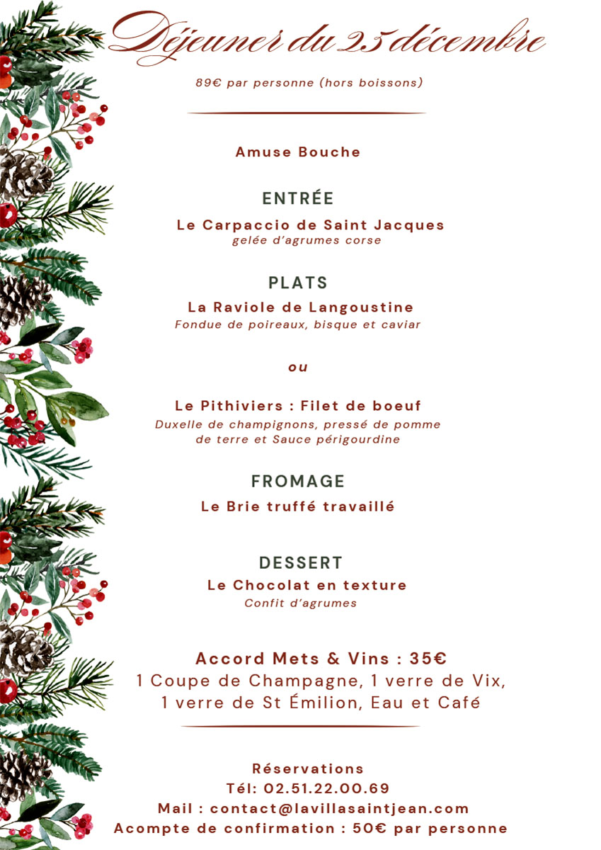 menu de Noël 2025 à la Villa Saint Jean
