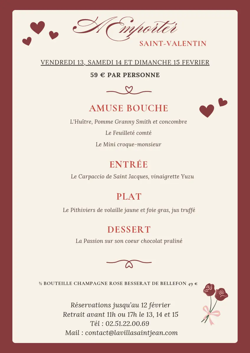 menu à emporter de la Saint-Valentin 2026 au restaurant La Villa Saint Jean aux Sables d'Olonne
